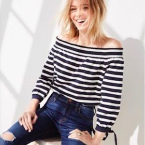 J. Crew Women’s Off-The-Shoulder Striped Top Bow Sleeve Size XS Navy/White